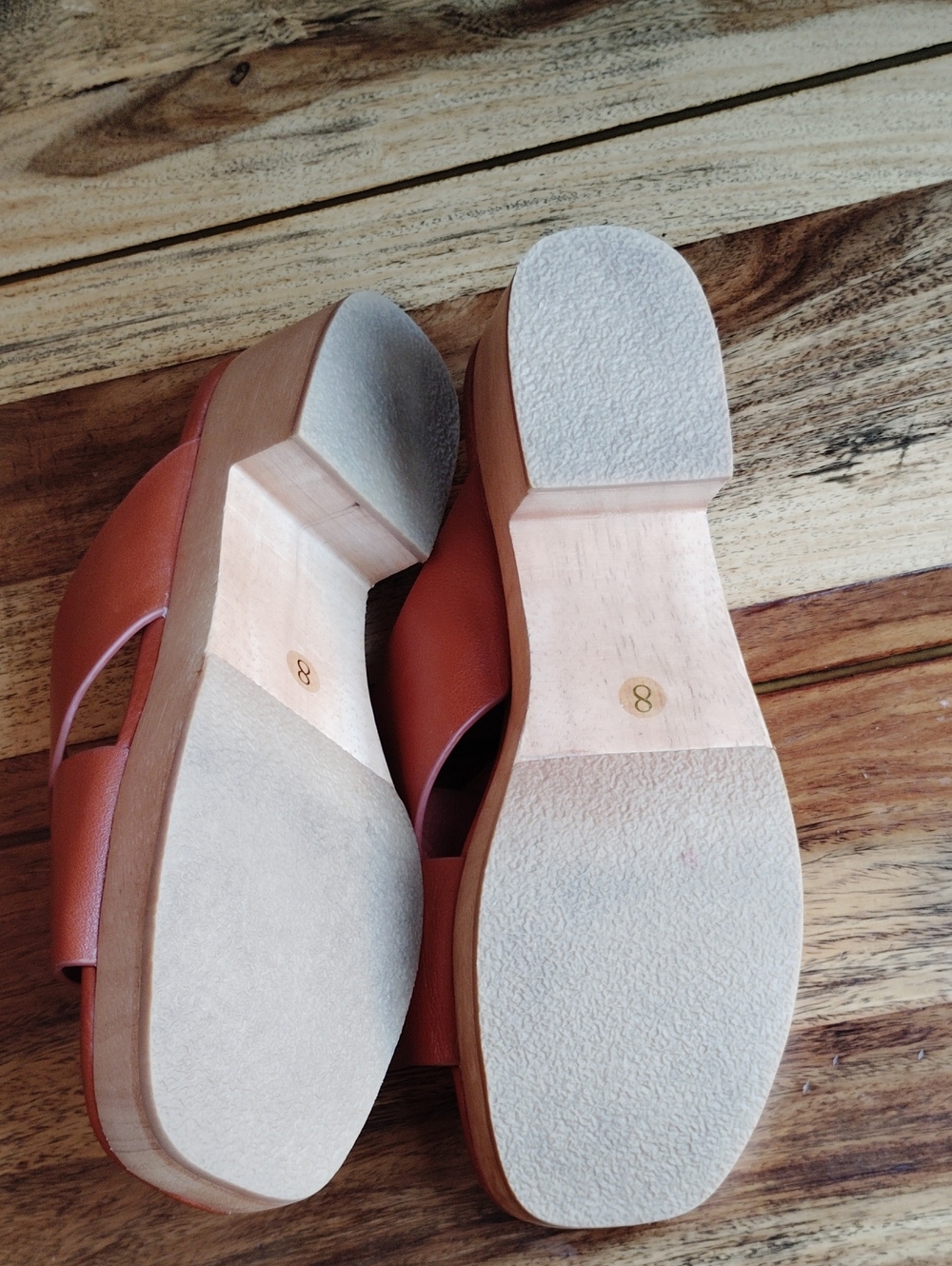 Charlotte Stone Burnt Orange Leather Criss Cross Slide Wooden Platform Sz 8 - Picture 4 of 5